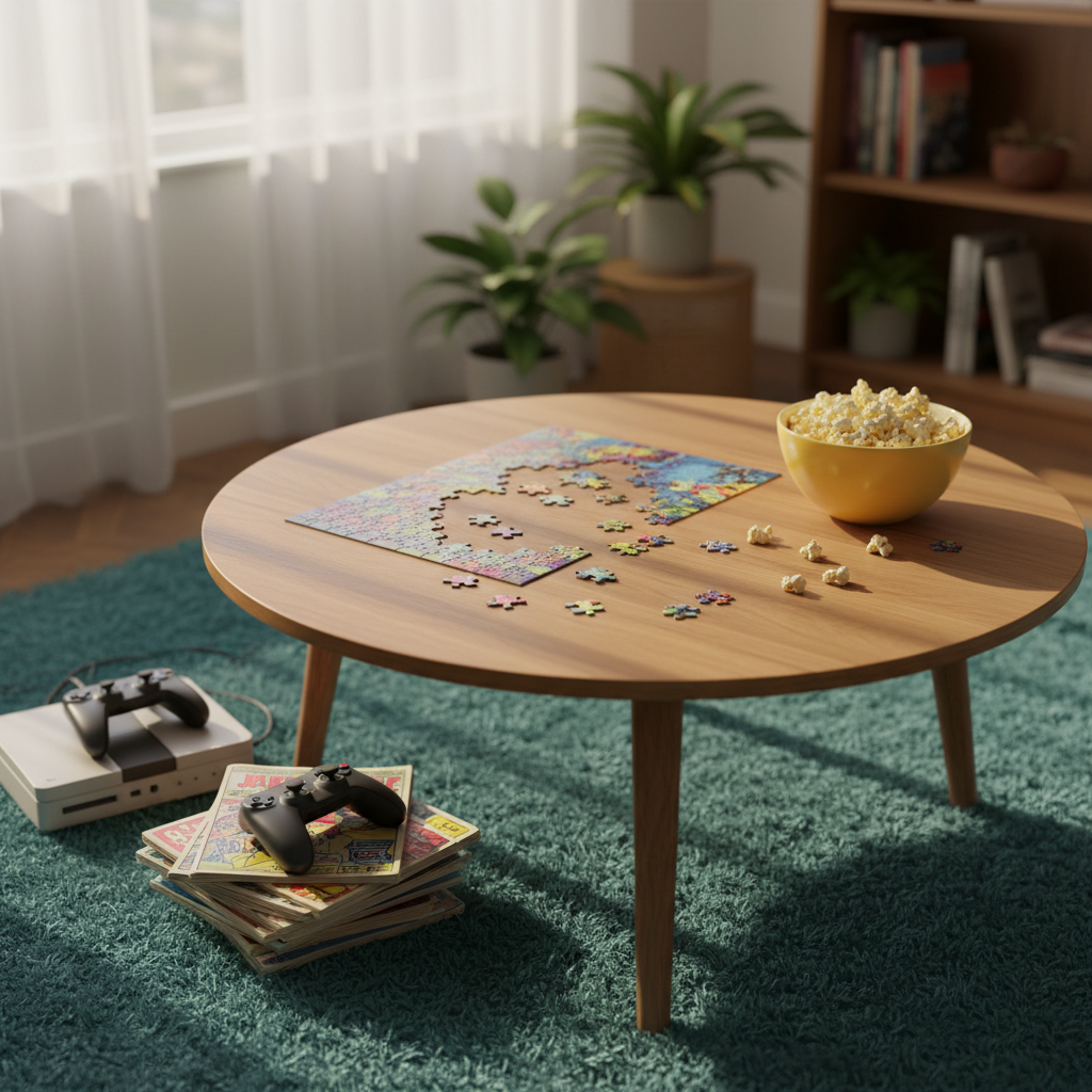 A cozy, inviting living room corner designed entirely for fun indoor activities, rendered in vibrant photographic realism. A low, round oak coffee table is covered with an intricate jigsaw puzzle nearly complete, colorful pieces scattered around a bright yellow ceramic bowl filled with popcorn. A stack of well-thumbed comic books rests beside a retro game console and two wireless controllers on a soft, teal shag rug. Warm golden hour light pours through sheer curtains, casting a gentle glow and elongated shadows across the scene. Shot from a slightly elevated angle with shallow depth of field, the background bookshelves and indoor plants blur softly, emphasizing the playful, relaxed mood and making the activity setup the clear focal point for a lifestyle blog about beating boredom.
