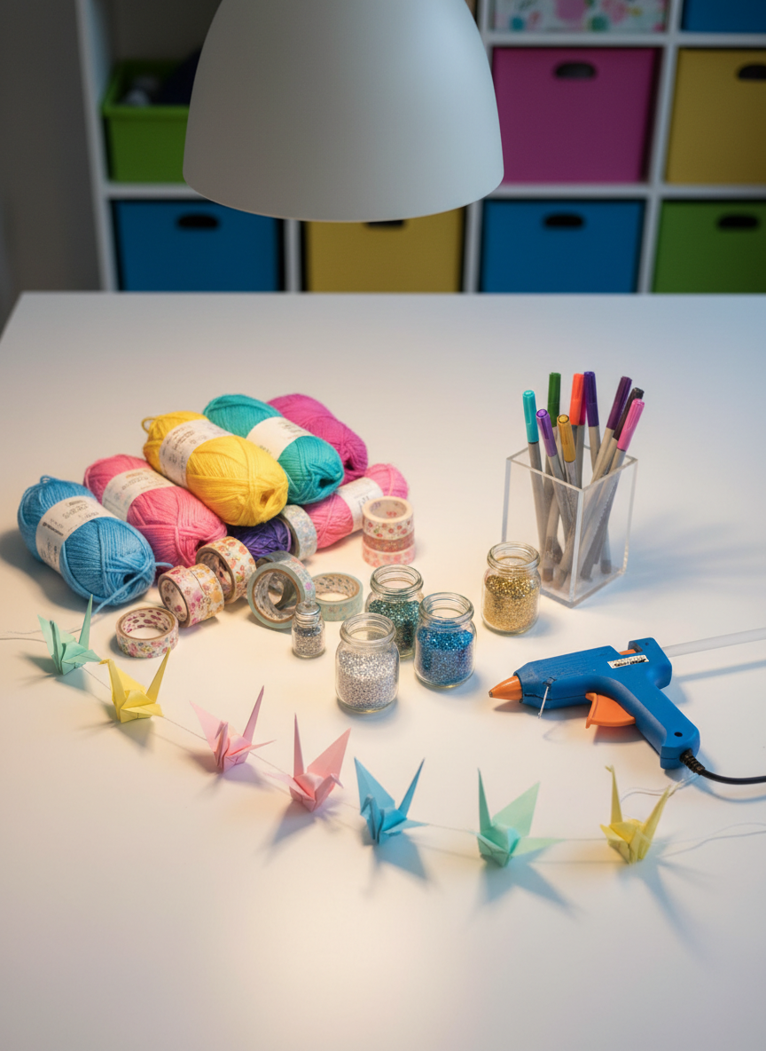 A colorful craft table bursting with DIY activity supplies, captured in crisp photographic realism. A smooth white tabletop is scattered with neatly arranged materials: vibrant skeins of yarn, patterned washi tapes, small jars of glitter, a glue gun, and a partially completed origami garland in bold pastel hues. A clear acrylic organizer holds markers and brush pens, their tips stained with recent use. Overhead, a warm pendant lamp bathes the scene in soft, even light, creating delicate shadows under each object and subtle reflections on the glue gun and jars. Shot from a three-quarter overhead angle with sharp focus, the background fades into a soft bokeh of colorful storage boxes, reinforcing a playful, creative mood perfect for a lifestyle blog inspiring fun, hands-on projects at home.