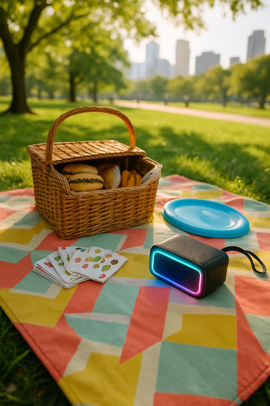 An outdoor picnic setup in a sunny city park, focused entirely on objects that promise a fun day out, in lively photographic realism. A vividly patterned picnic blanket in coral, mint, and yellow spreads across lush green grass, topped with an open wicker basket revealing neatly packed snacks, a deck of illustrated playing cards, a bright blue frisbee, and a compact portable speaker with glowing LED edges. Dappled late-morning sunlight filters through nearby tree branches, sprinkling soft highlights and shadows across the blanket and grass. Captured at eye level with a subtle shallow depth of field, the city skyline and walking path blur in the background, creating an energetic yet relaxed atmosphere that celebrates spontaneous outdoor enjoyment without any people in the frame.